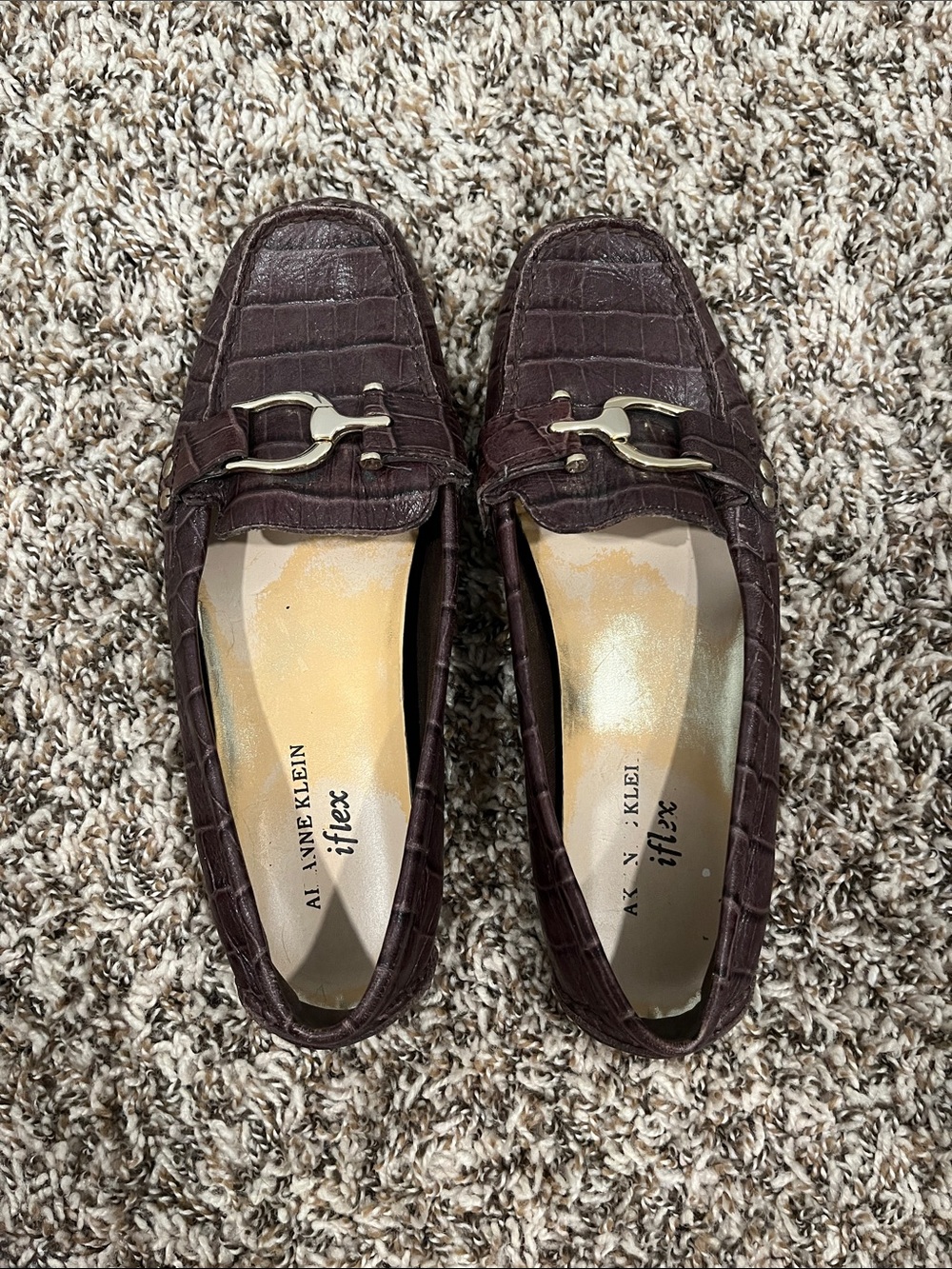 Anne Klein Dark Brown Croc-Embossed Loafers with Gold Buckle